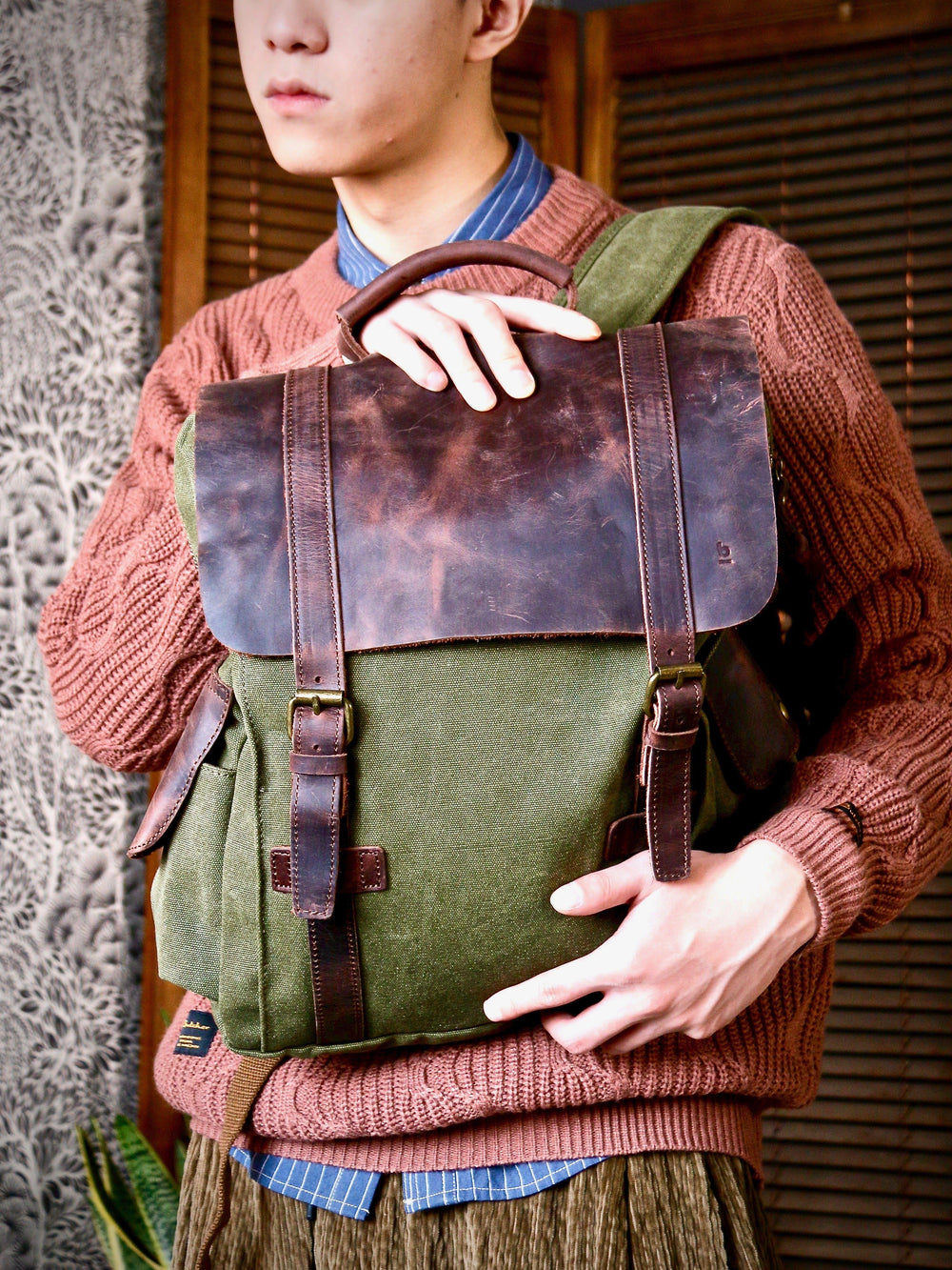 Bag - Leather Cover Olive Rucksack