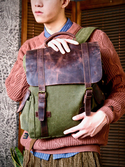 Bag - Leather Cover Olive Rucksack