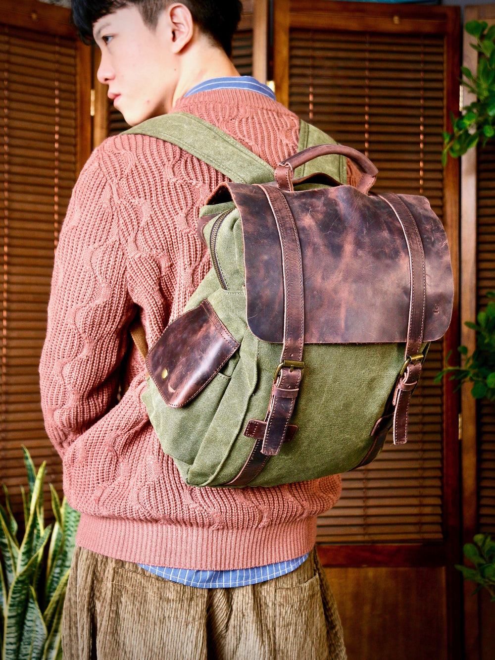 Bag - Leather Cover Olive Rucksack