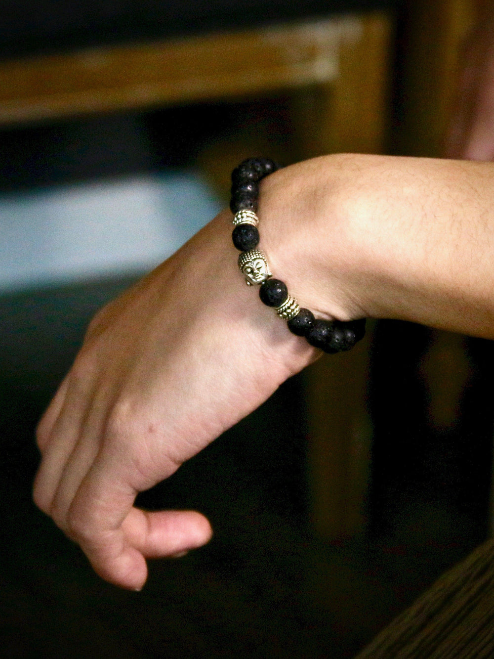 Bracelet - Natural Black Vesuvianite Beads With A Budda Face Bracelet