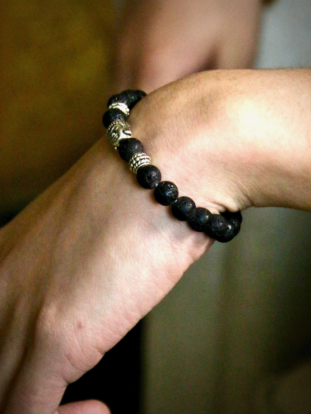 Bracelet - Natural Black Vesuvianite Beads With A Budda Face Bracelet