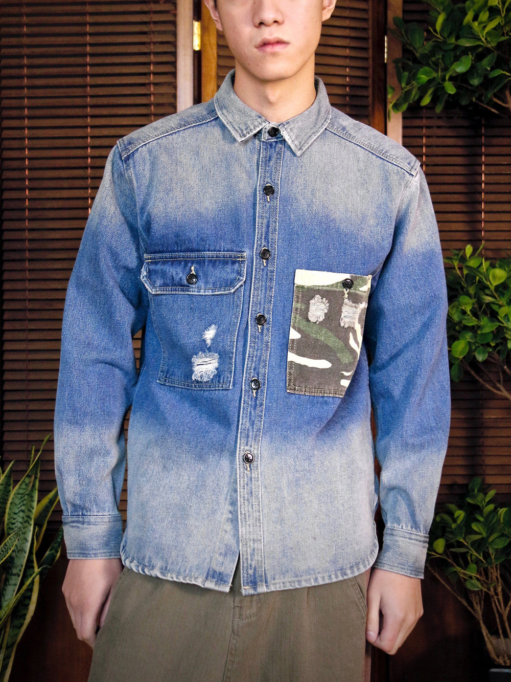 Shirt - Stone-Washed Denim Shirt With Patched Camouflage Pocket