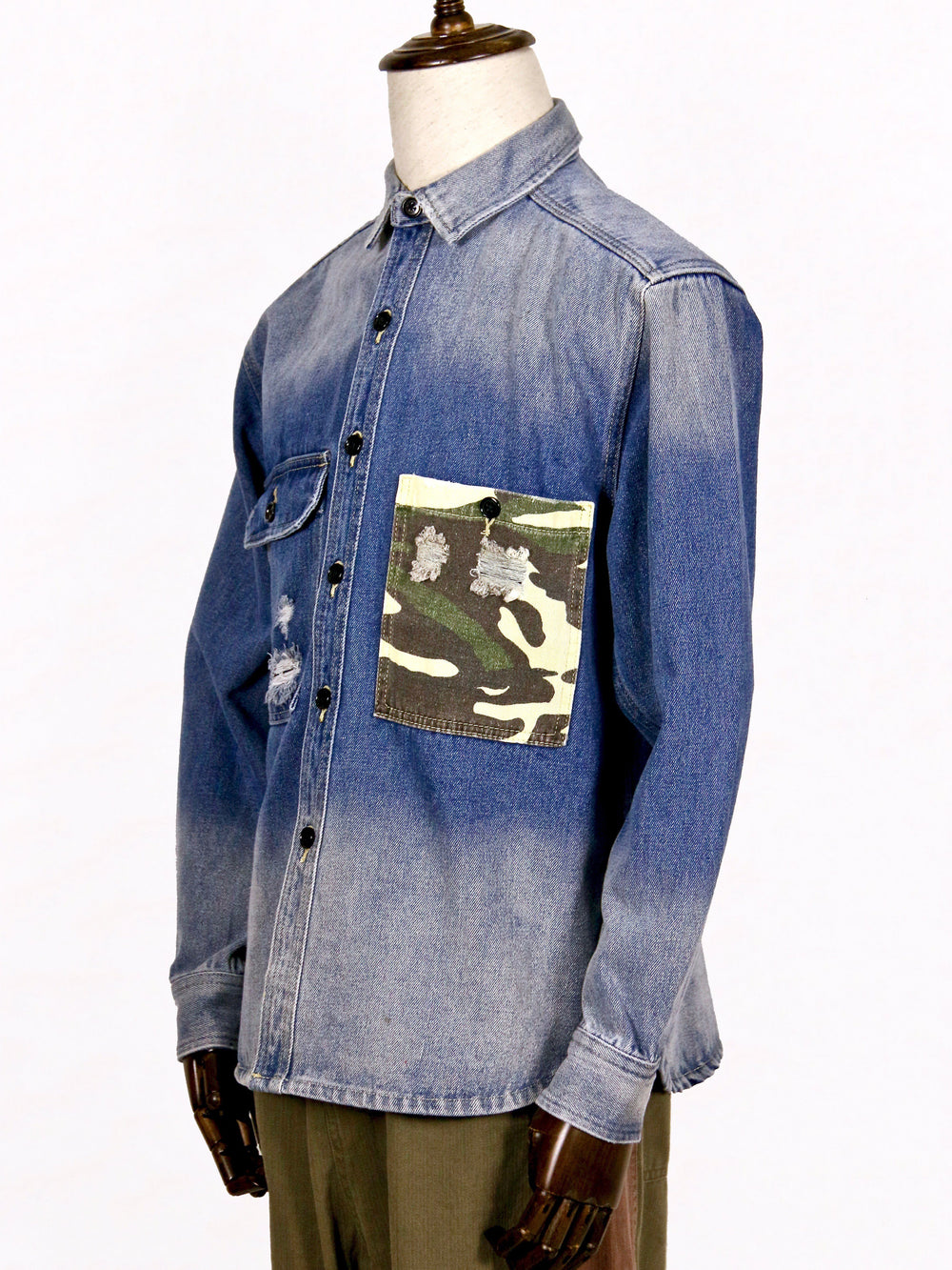 Shirt - Stone-Washed Denim Shirt With Patched Camouflage Pocket