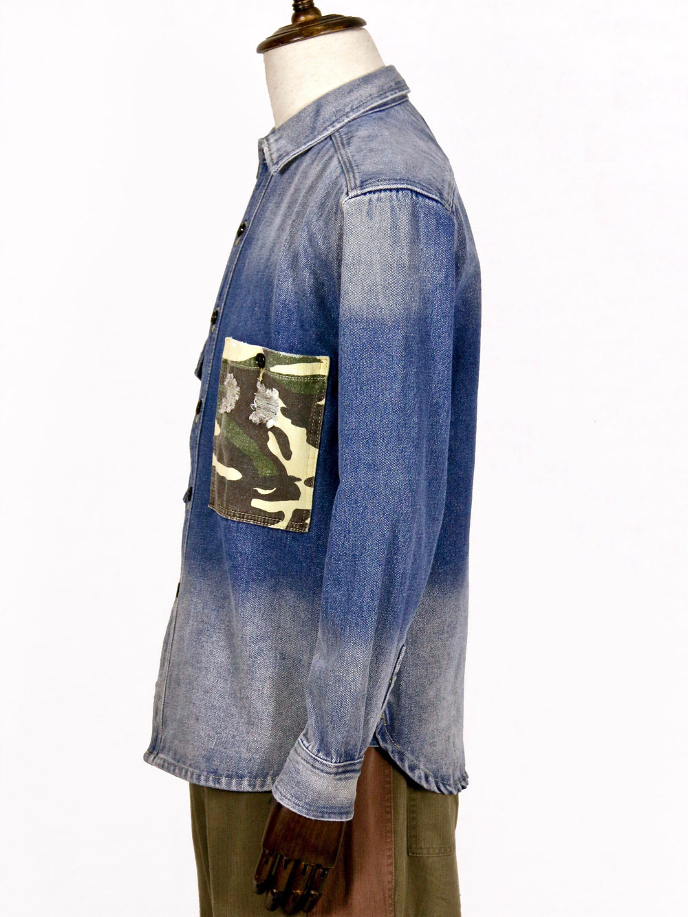 Shirt - Stone-Washed Denim Shirt With Patched Camouflage Pocket