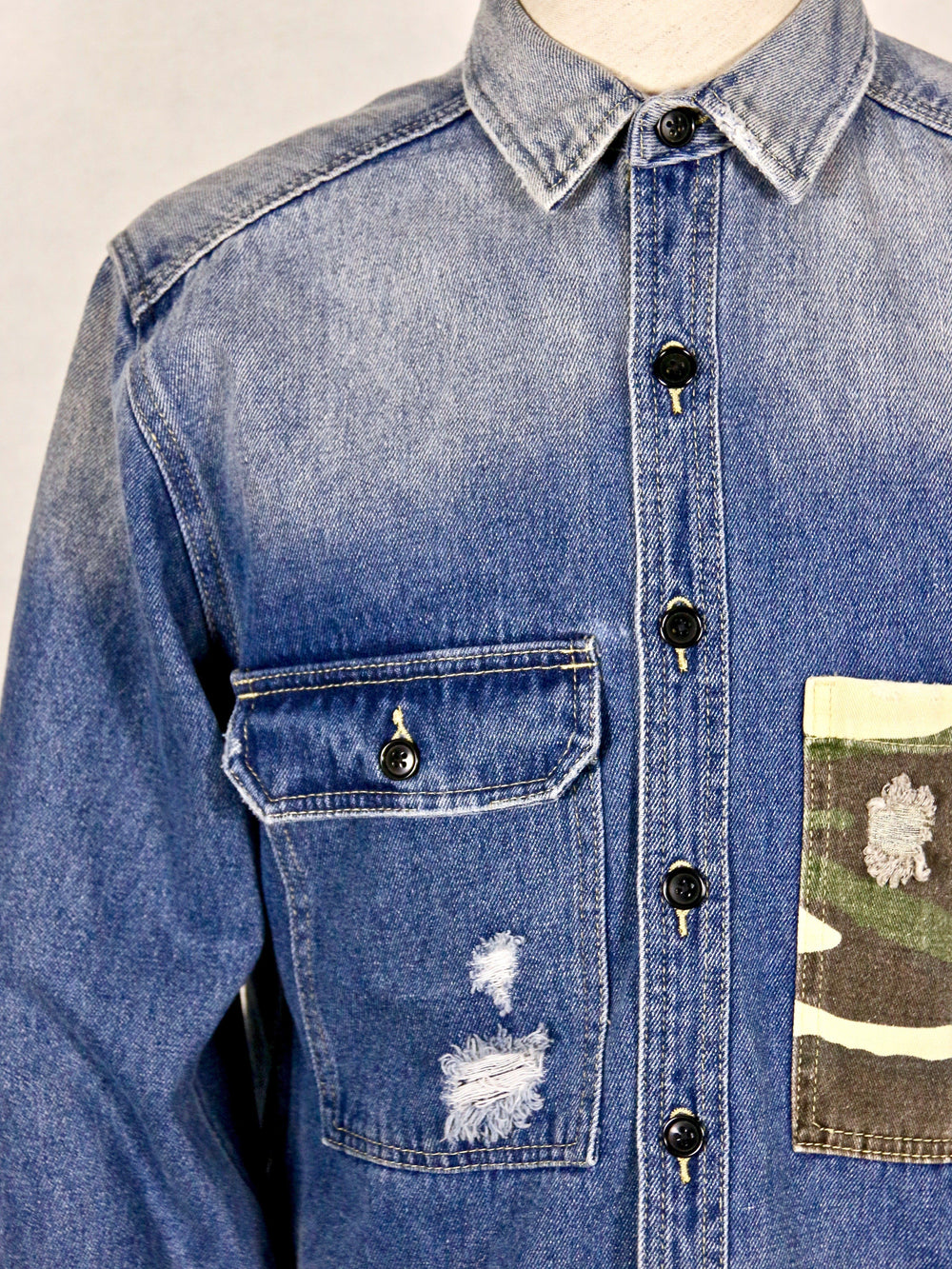 Shirt - Stone-Washed Denim Shirt With Patched Camouflage Pocket