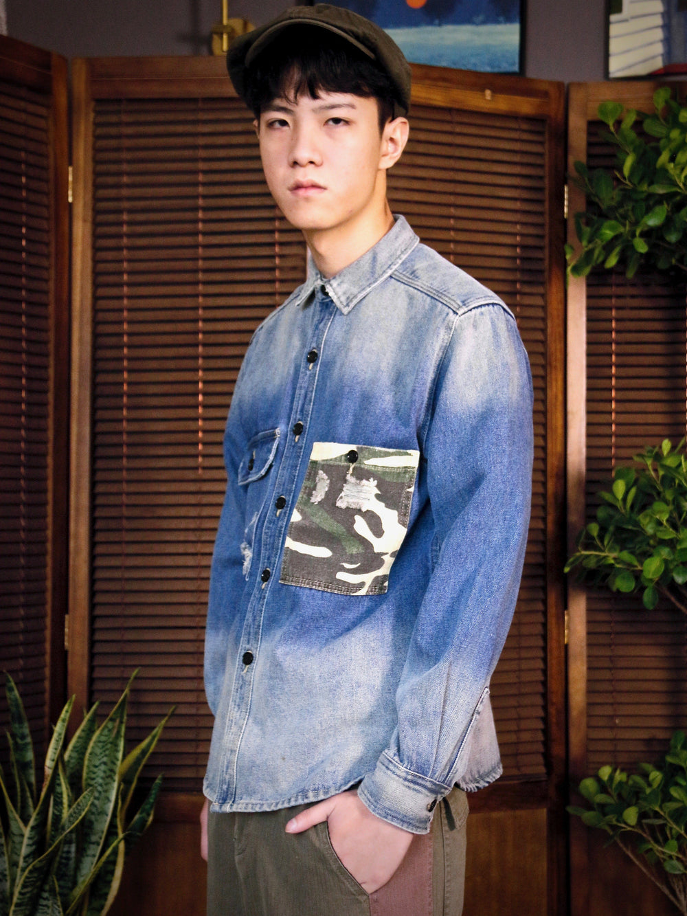 Shirt - Stone-Washed Denim Shirt With Patched Camouflage Pocket