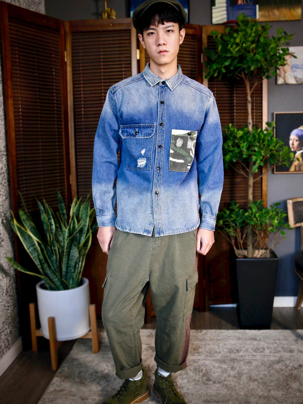 Shirt - Stone-Washed Denim Shirt With Patched Camouflage Pocket